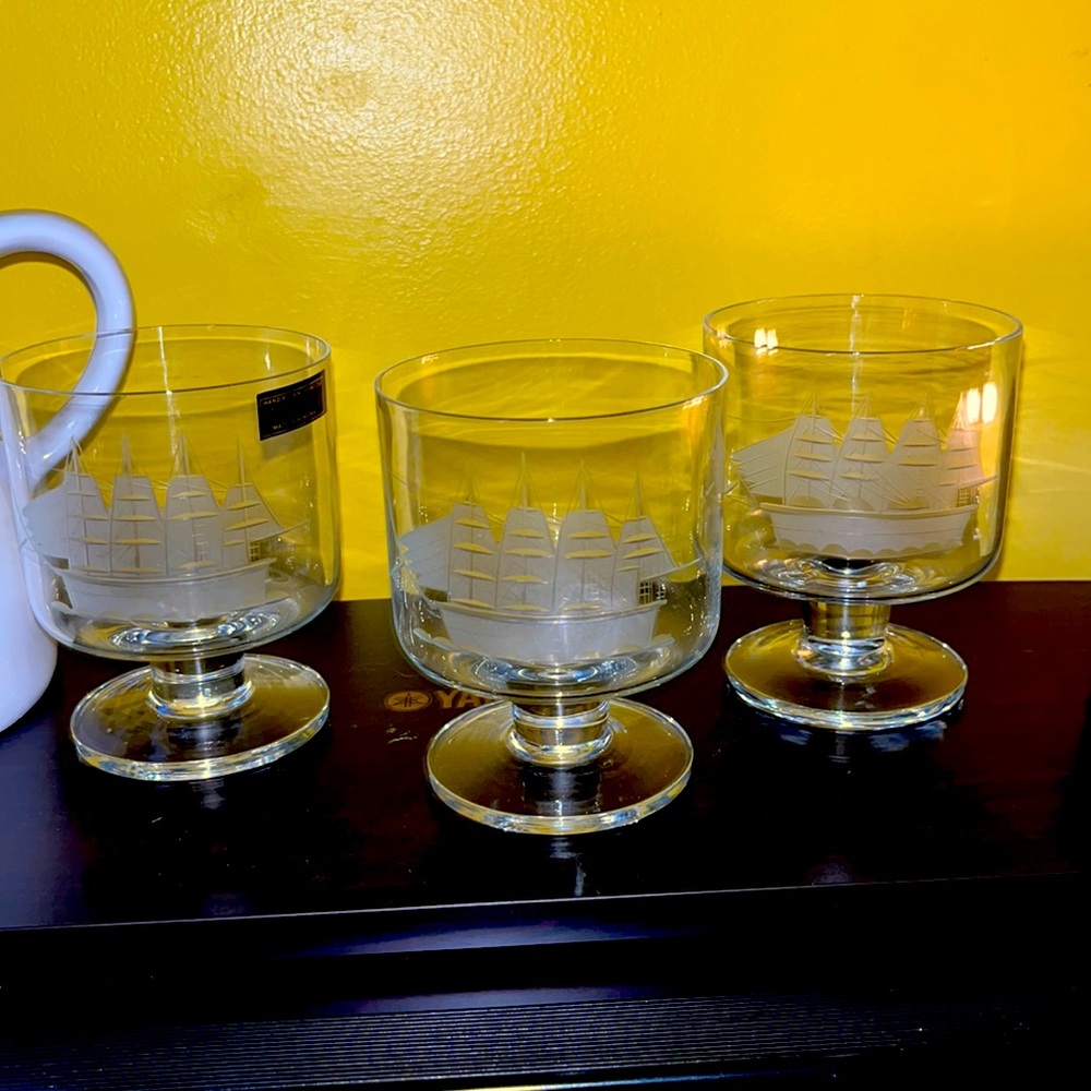 Set of 3 Toscany hand blown - hand cut - etched clipper ship- Made in Romania